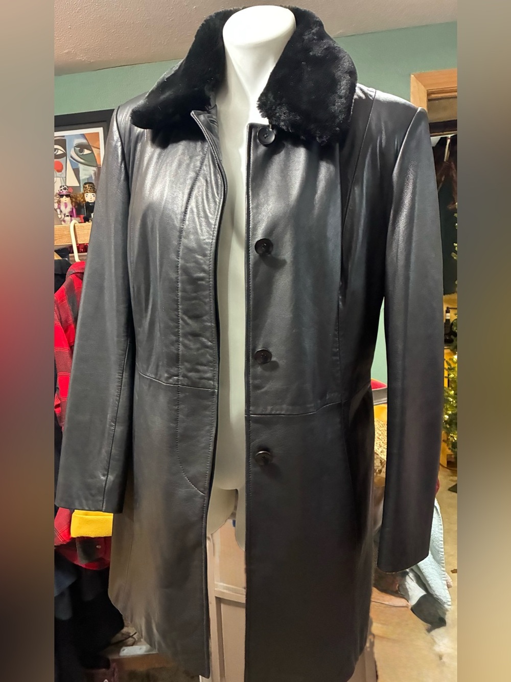 Valerie Steven’s Black Lamb Leather Coat with Faux Fur Collar-M *stunning!